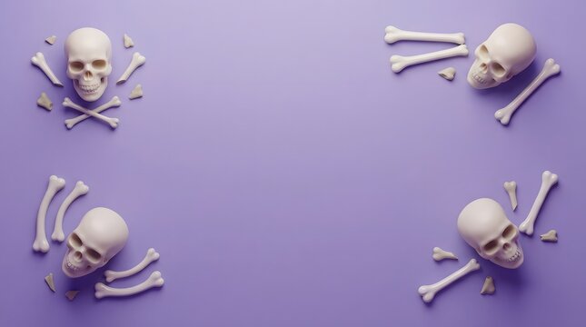 Minimalist composition featuring human skulls and assorted bones arranged on a soft pastel purple background surface