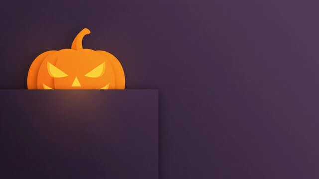 Orange jack-o-lantern peeking over dark purple wall creating mysterious atmosphere in this animated motion graphic video for holiday seasonal projects