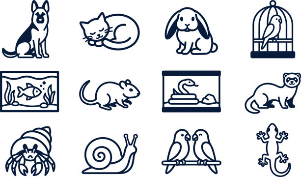 Domestic pet animals line icon set featuring dog cat rabbit parrot fish mouse snake ferret crab snail and lizard