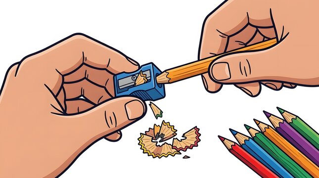 Hand using pencil sharpener with wood shavings, colors pencils, cartoons illustration for drawing, art and design, education concept
