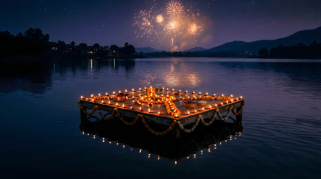 A breathtaking nighttime scene of diwali celebrations with radiant lights reflecting beautifully on the calm water