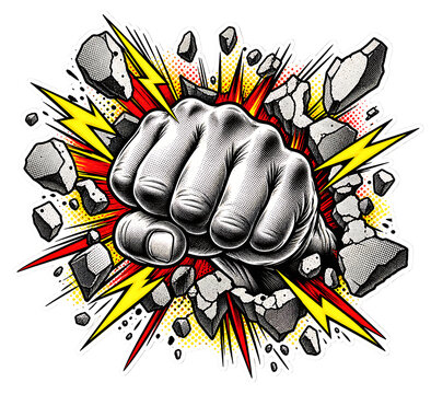 A powerful fist breaking through a wall, surrounded by explosive energy and debris, in a comic book style illustration