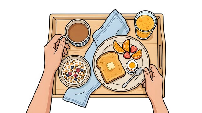 Top view breakfast tray set, toast, egg, fruit, cereal and coffee on wooden board. Eatable food meal illustration. Cartoon style design vector art. Healthy morning eating concept art.
