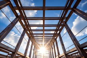 Fototapeta premium Building an industrial steel construction site with strong architectural beams and bright sunlight