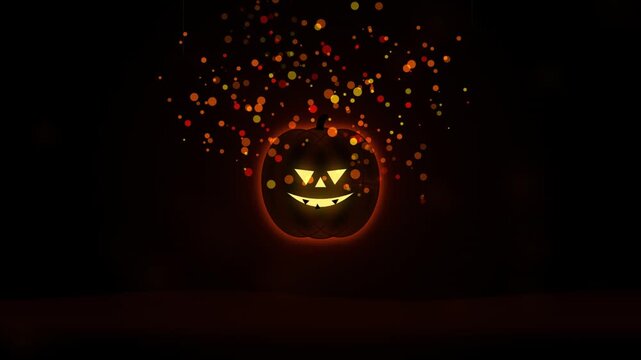 Glowing jack o lantern pumpkin with flying bats and colorful particles on dark red halloween background