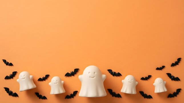 Cute ghost finger puppets and paper bats arranged on an orange background for a fun halloween holiday greeting card