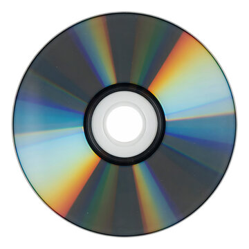 Reflective circular compact disc with rainbow iridescent surface and white center hub isolated on a transparent background