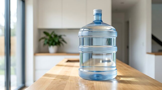 Large plastic water bottle standing on a wooden kitchen counter in a bright modern home interior. 5 gallon jug