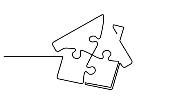 Self drawing line animation modular house puzzle construction continuous one single line drawn concept video. Full length single line animation 4k video