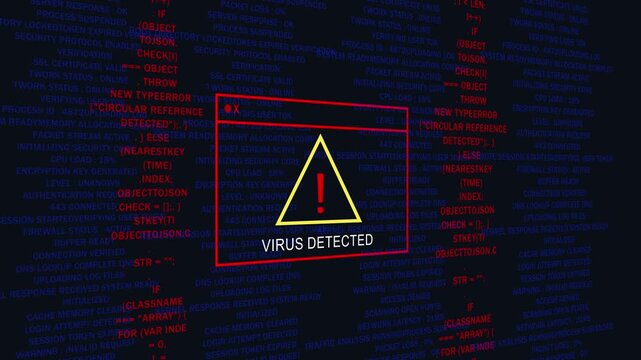 Virus detected warning alert on digital computer screen with scrolling programming code background malware