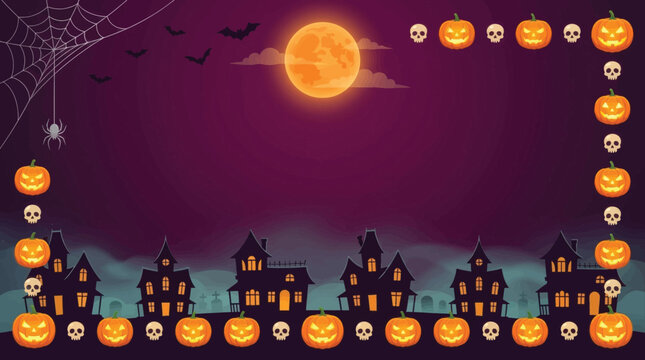 Spooky vector illustration featuring illuminated jack-o'-lantern pumpkins with scary skulls and haunted silhouette mansions under a glowing harvest full moon for a festive halloween graphic design