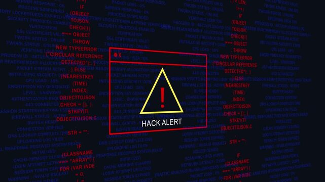 Cyber security hack alert warning system with digital code background, and system error, notification data breach