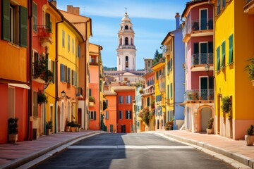 Fototapeta premium Vibrant houses line a charming street with a church steeple rising against a clear sky