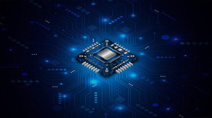 Obraz na płótnie Canvas Microchip processor circuit board technology on dark blue background. Information Processing Concept. Circuit board hi-tech technology background. vector illustration