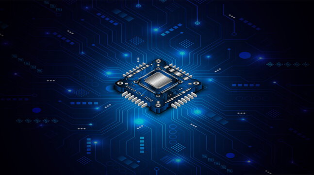 Microchip processor circuit board technology on dark blue background. Information Processing Concept. Circuit board hi-tech technology background. vector illustration