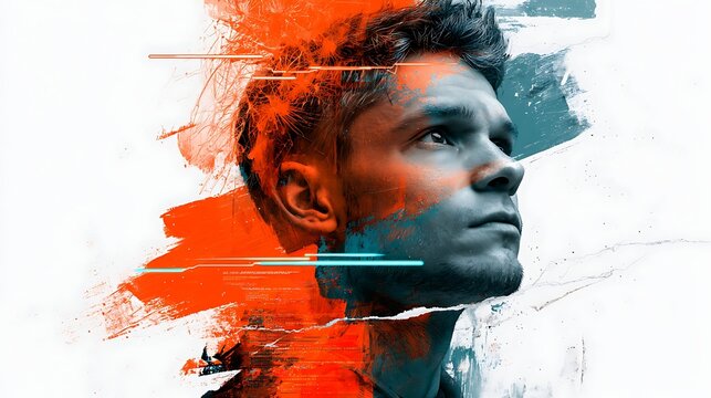 Mixed media collage portrait of a young man with abstract neural networks, digital data glitches and tech startup concept