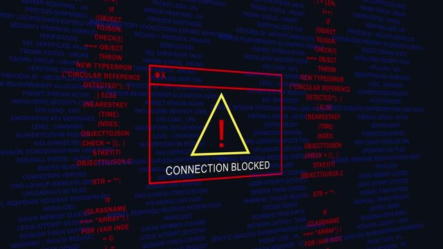 Connection blocked error alert on digital code background, cybersecurity warning notification, network security breach concept
