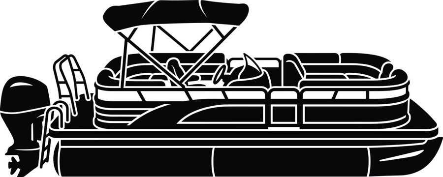 Luxury Pontoon Boat Silhouette &ndash; Modern Lake Deck Boat Watercraft Icon, Black Cutout Marine Recreation Vector, Isolated on White