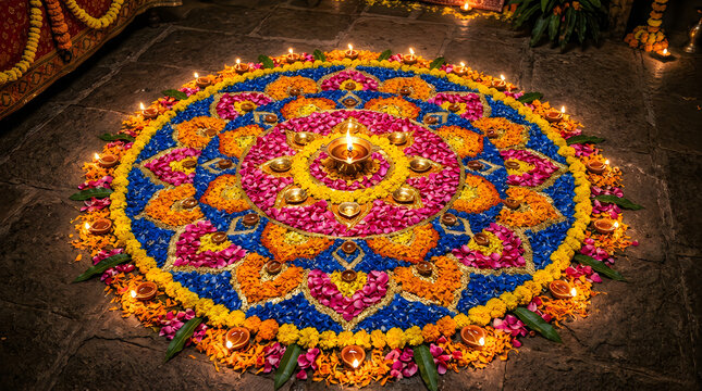 A vibrant and colorful rangoli design beautifully illuminates the joyous spirit of the diwali festival celebrations