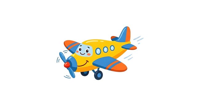 Cartoon airplane character flying, vector illustration of a happy yellow and blue propeller plane for children