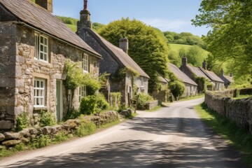 Obraz premium Traditional english village street with stone cottages and dry stone wall