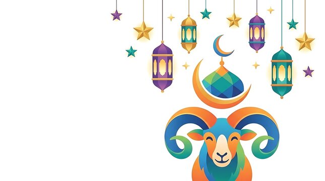 Stylized ram head with colorful lanterns and crescent moon.