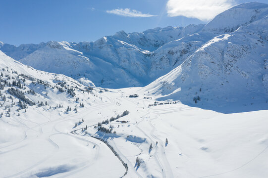 Aerial view of a Snow covered alpine landscape with skiers, Sportgastein, Gastein, Salzburg, Austria
