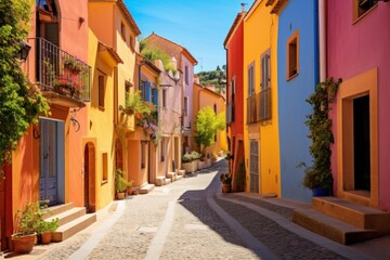 Obraz premium Narrow cobbled street winding through a charming village with brightly painted buildings