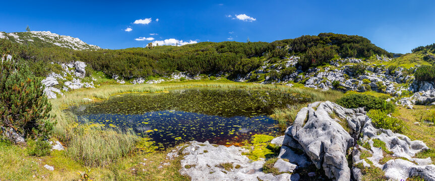 summer landscape view of small Hirzkarseelein lake Hirzkarsee in Dachstein Alps near Mount Krippenstein Upper Austria