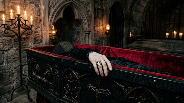 Spooky Halloween Image of a Pale Hand Resting on Open Coffin