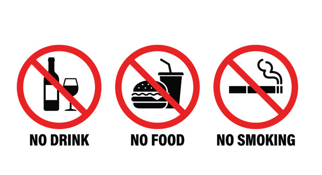Prohibition icons depicting no drinking eating and smoking on a white background