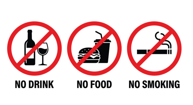 Prohibition icons depicting no drinks food and smoking against a white background