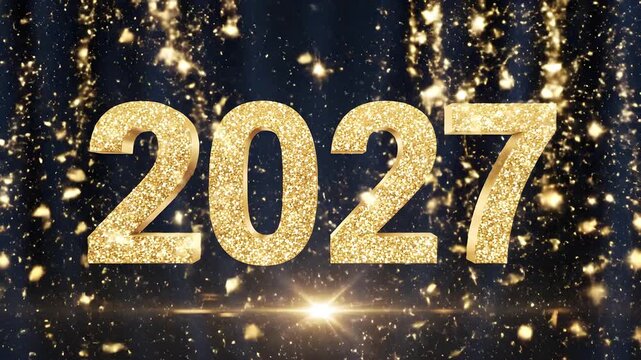 2027 golden glitter numbers wrapped in a swirling ring of light over dark blue velvet curtains, for digital invitation cards