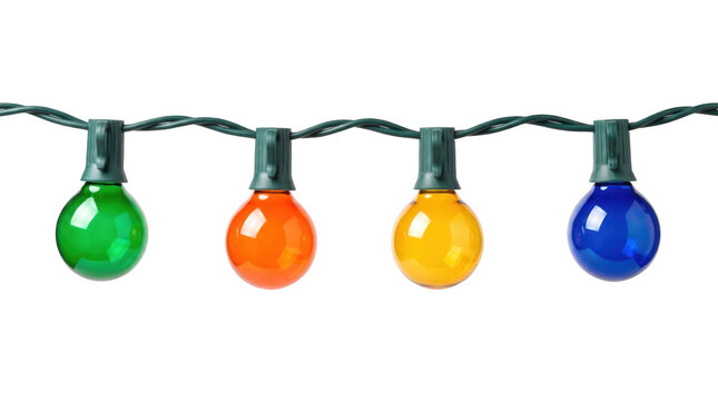 Colorful string of glowing christmas lights bulbs as isolated on with as isolated on transparent background