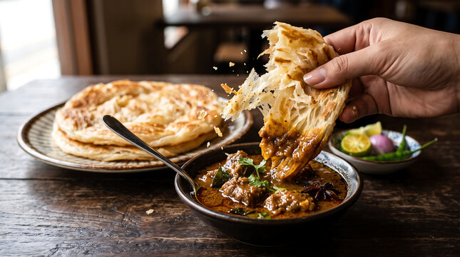 Crispy Flaky Roti Canai Dipped into Rich Mutton Curry Close Up Food Photography