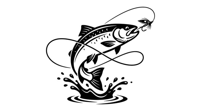 Leaping trout fish caught on a fly fishing lure vector illustration