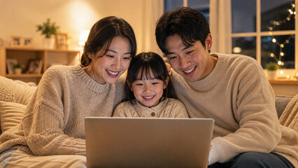 Fototapeta premium A happy family of three sitting on a couch, smiling and looking at a laptop together in a cozy, warmly lit living room.