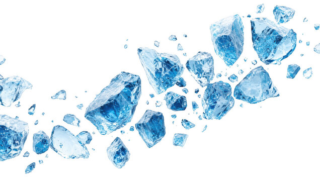 Shattered blue ice chunks floating in the air as isolated on with as isolated on transparent background