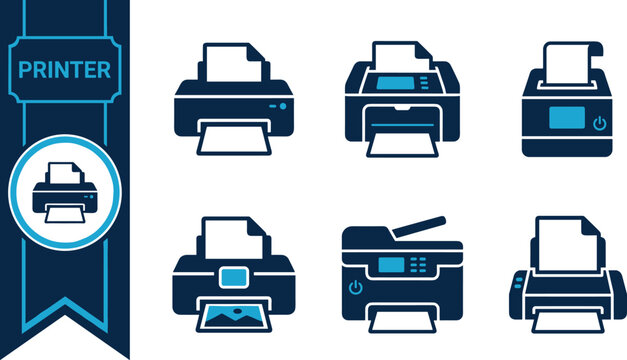 Printer office equipment icon set featuring desktop printers multifunction printer paper output document printing machine and business workflow symbols for websites mobile apps UI kits posters