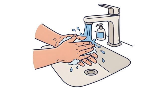 Hand washing illustration, hygiene concept, vector set of 3 icons, soap and water at sink, health care graphic, sanitization cartoon, cleanliness symbol for educational material