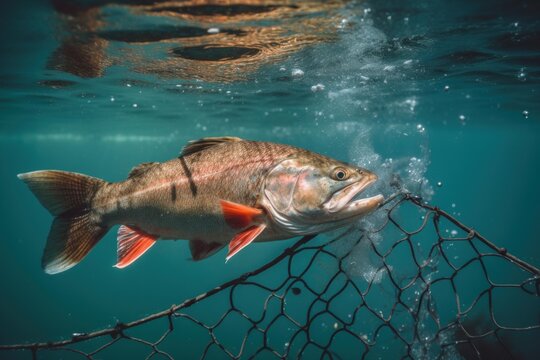 Large fish struggling in a fishing net, creating bubbles underwater