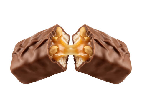 Broken chocolate candy bar with peanuts and caramel as isolated on transparent background