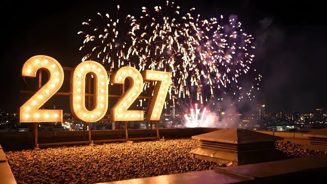 2027 glowing marquee light bulbs on a rooftop with colourful fireworks exploding in the night sky