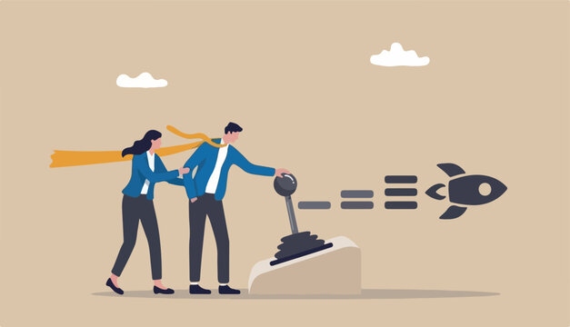 Paradigm shift technology new business level, control shifting speed to company growth, transformation and disruption concept, businessman team shifting transmission knob faster new level (7)