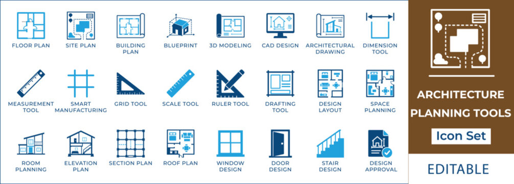 Architecture planning tools icon set. Featuring floor plan, blueprint, house design, ruler scale, draft grid, and interior layout. Vector icons for building site portal and app UI.
