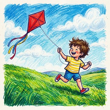 Crayon Drawing of a Happy Boy Flying a Red Kite on Green Hills