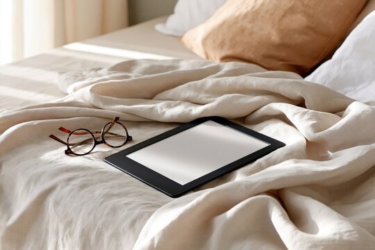 Tablet and reading glasses on rumpled linen bedspread beside folded pillow