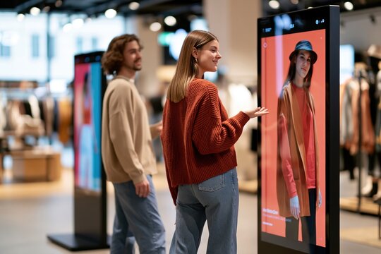 Shoppers using touchless virtual try - on mirrors in modern retail store