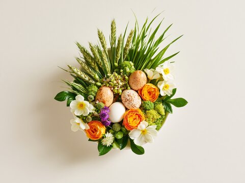Overhead flat lay of a Nowruz Haft-Seen table setting featuring colorful flowers, decorative eggs, and fresh greenery arranged in a circular bowl on a light background