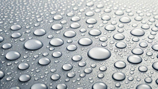 Close-up macro shot of countless water droplets on textured gray surface in soft light